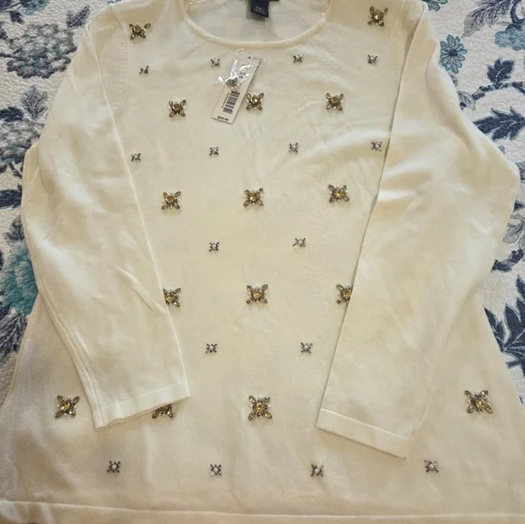 Investments PETITE Cream Embellished Long Sleeve Top - Picture 7 of 7